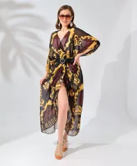 Kadın Rahat Kesim Kemerli Şifon Kimono - Kahve