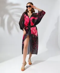 Kadın Rahat Kesim Kemerli Şifon Kimono - Siyah