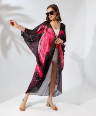 Kadın Rahat Kesim Kemerli Şifon Kimono - Siyah