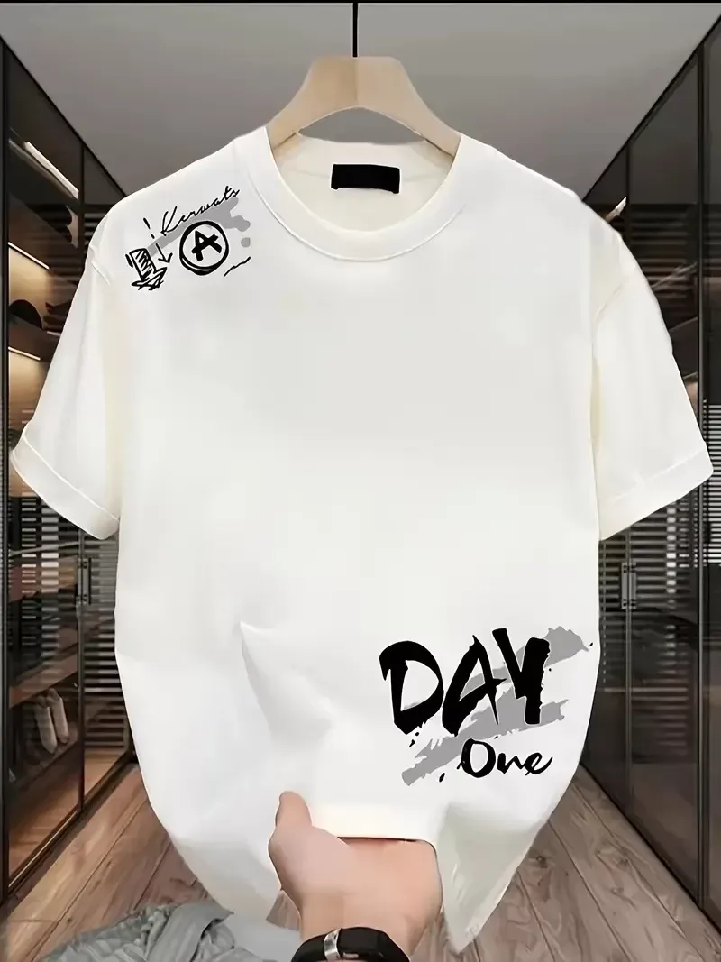 Baskılı Oversize Bisiklet Yaka T-shirt - Beyaz