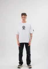 Unisex Bisiklet Yaka Baskılı Oversize T-Shirt - Beyaz