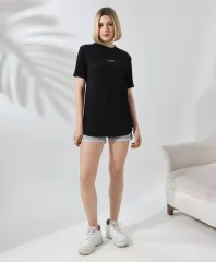 Unisex Bisiklet Yaka Baskılı Slim Fit T-Shirt - Siyah