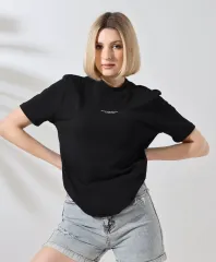 Unisex Bisiklet Yaka Baskılı Slim Fit T-Shirt - Siyah