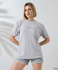 Unisex Bisiklet Yaka Baskılı Slim Fit T-Shirt - Boyalı Gri