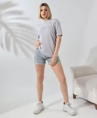 Unisex Bisiklet Yaka Baskılı Slim Fit T-Shirt - Boyalı Gri