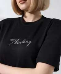 Unisex Bisiklet Yaka Baskılı Slim Fit T-Shirt - Siyah
