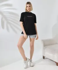 Unisex Bisiklet Yaka Baskılı Slim Fit T-Shirt - Siyah