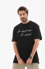 Unisex Bisiklet Yaka Baskılı Oversize T-Shirt - Siyah