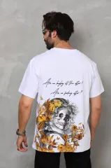 Unisex Bisiklet Yaka Baskılı Oversize T-Shirt - Beyaz