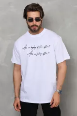 Unisex Bisiklet Yaka Baskılı Oversize T-Shirt - Beyaz