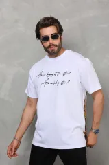 Unisex Bisiklet Yaka Baskılı Oversize T-Shirt - Beyaz