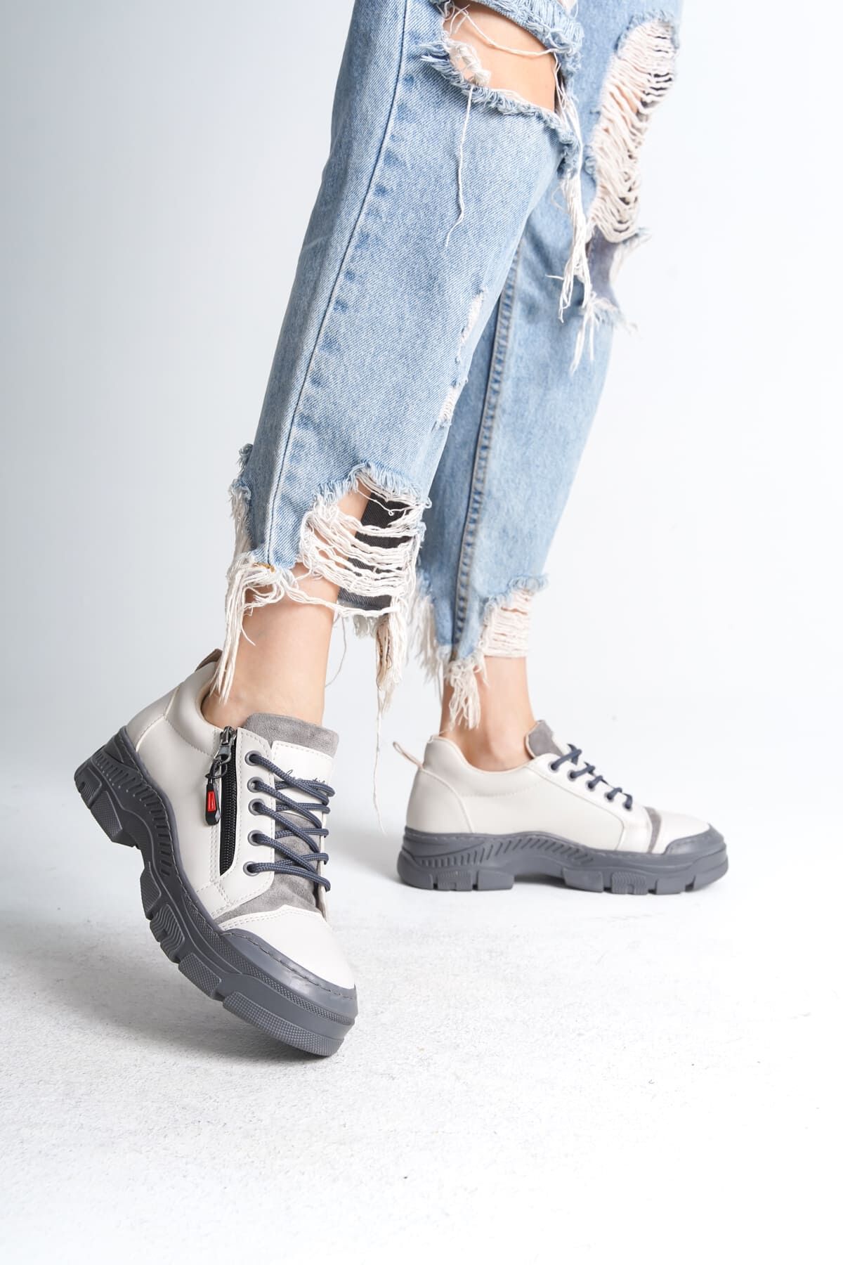 AGATHA Bağcıklı Fermuarlı Ortopedik Taban Kadın Sneaker Spor Ayakkabı GT - Krem