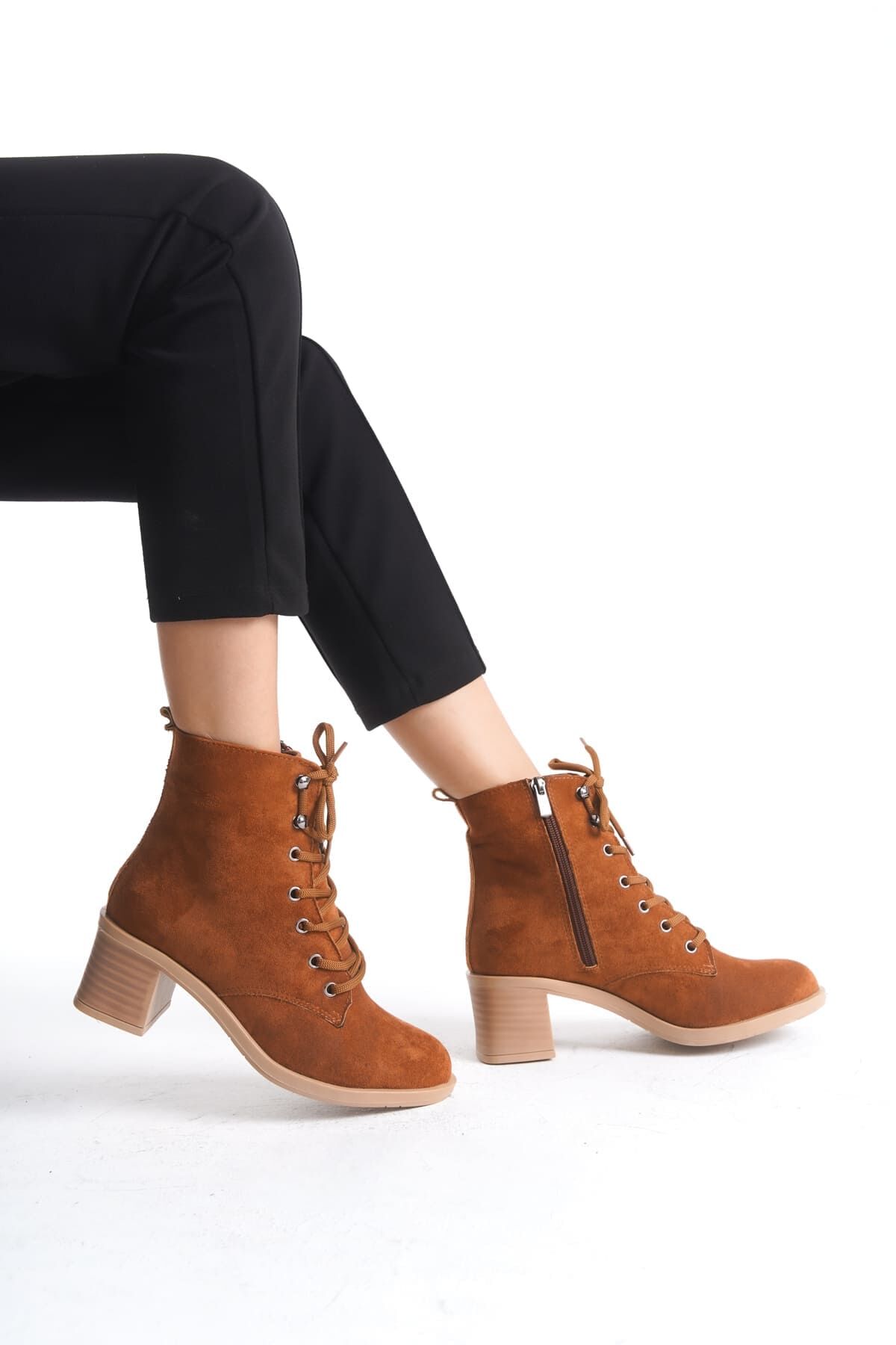 LENA Bağcıklı Fermuarlı Ortopedik Taban Topuklu Süet Kadın Bot TT - Taba