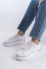 MINA Bağcıklı Ortopedik Taban Kadın Sneaker Spor Ayakkabı  BT - Beyaz/Altın