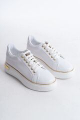 MINA Bağcıklı Ortopedik Taban Kadın Sneaker Spor Ayakkabı  BT - Beyaz/Altın