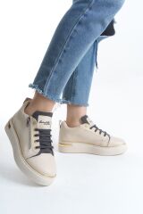 DINA Bağcıklı Fermuarlı Ortopedik Taban Kadın Sneaker Spor Ayakkabı  KT - Krem/Gri/Altın