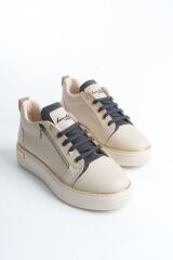 DINA Bağcıklı Fermuarlı Ortopedik Taban Kadın Sneaker Spor Ayakkabı  KT - Krem/Gri/Altın