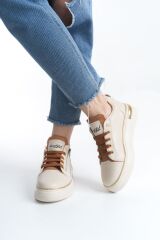 DINA Bağcıklı Fermuarlı Ortopedik Taban Kadın Sneaker Spor Ayakkabı  KT - Krem/Taba/Altın
