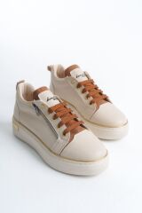 DINA Bağcıklı Fermuarlı Ortopedik Taban Kadın Sneaker Spor Ayakkabı  KT - Krem/Taba/Altın