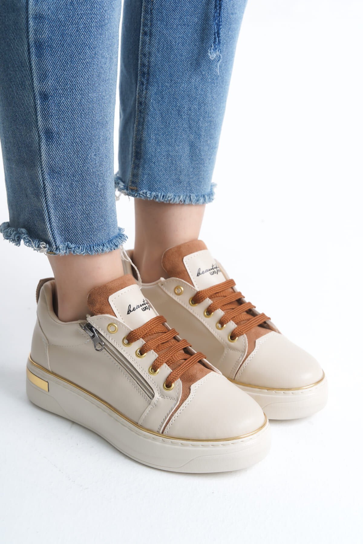 DINA Bağcıklı Fermuarlı Ortopedik Taban Kadın Sneaker Spor Ayakkabı  KT - Krem/Taba/Altın