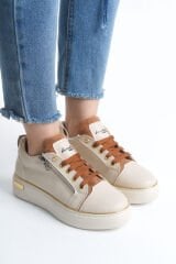 DINA Bağcıklı Fermuarlı Ortopedik Taban Kadın Sneaker Spor Ayakkabı  KT - Krem/Taba/Altın