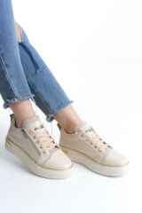 DINA Bağcıklı Fermuarlı Ortopedik Taban Kadın Sneaker Spor Ayakkabı  KT - Krem/Altın