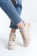 DINA Bağcıklı Fermuarlı Ortopedik Taban Kadın Sneaker Spor Ayakkabı  KT - Krem/Altın