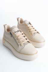 DINA Bağcıklı Fermuarlı Ortopedik Taban Kadın Sneaker Spor Ayakkabı  KT - Krem/Altın