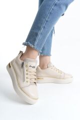 DINA Bağcıklı Fermuarlı Ortopedik Taban Kadın Sneaker Spor Ayakkabı  KT - Krem/Altın