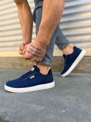 JY0118 REX Bağcıklı Keten Kumaş Erkek Günlük Sneaker Ayakkabı KBT - Lacivert