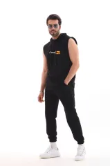 Unisex Kapşonlu Kolsuz Oversize Baskılı Tişört - Siyah