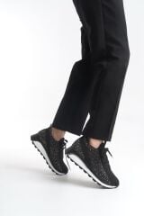ALYA Bağcıklı Ortopedik Taban Taşlı Kadın Sneaker Spor Ayakkabı BT - Siyah