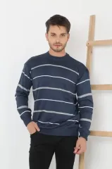 Unisex İnce Çizgili Bisiklet Yaka Triko Kazak - Lacivert