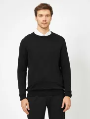 Unisex Uzun Kol Biskilet Yaka Dokuma Triko - Siyah