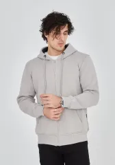 Unisex Tam Fermuarlı Kapşonlu  SweatShirt - Boyalı Gri