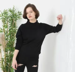 Unisex Uzun Kol Biskilet Yaka Dokuma Triko - Siyah