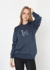 Unisex Bisiklet Yaka Baskılı Dokuma Triko - Indigo