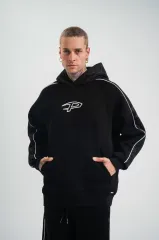 Uzun Kol Kapşonlu Ara Biyeli SweatShirt - Siyah