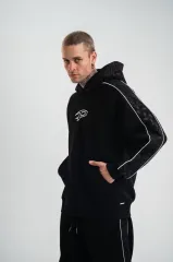 Uzun Kol Kapşonlu Ara Biyeli SweatShirt - Siyah