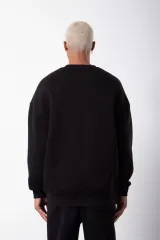 Unisex Biskilet Yaka Üç İplik SweatShirt - Siyah