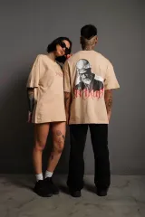 Erkek Sırt Baskılı Oversize T-shirt - Bej
