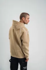 Double Oversize Kapşonlu Şimşek Pano Baskılı SweatShirt - Bej