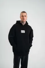 Unisex Kapşonlu Uzun Kol Patchli Nakışlı SweatShirt - Siyah