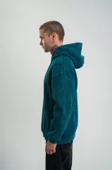 Unisex Uzun Kol Kapşonlu Yıkamalı Nakışlı SweatShirt - Koyu Deniz Yeşili
