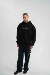 Unisex Üç İplik Kapşonlu Nakışlı SweatShirt - Siyah