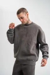 Unisex Uzun Kol Bisiklet Yaka Yıkamalı SweatShirt - Füme
