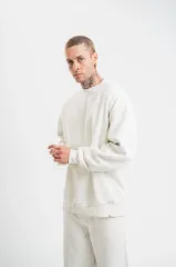 Unisex Uzun Kol Bisiklet Yaka Yıkamalı SweatShirt - Beyaz