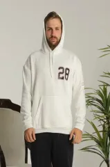 Erkek Sırt Baskılı Oversize Üç İplik Kapüşonlu Sweatshirt - Beyaz