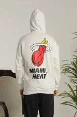Erkek Sırt Baskılı Oversize Üç İplik Kapüşonlu Sweatshirt - Beyaz