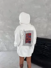Uzun Kol Kapüşonlu Ön Ve Arka Baskılı SweatShirt - Beyaz